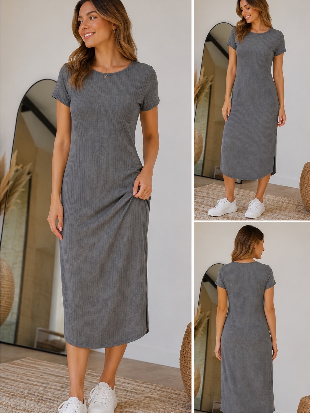 Pink Lily Gray Ribbed Short-Sleeve Midi Dress Small